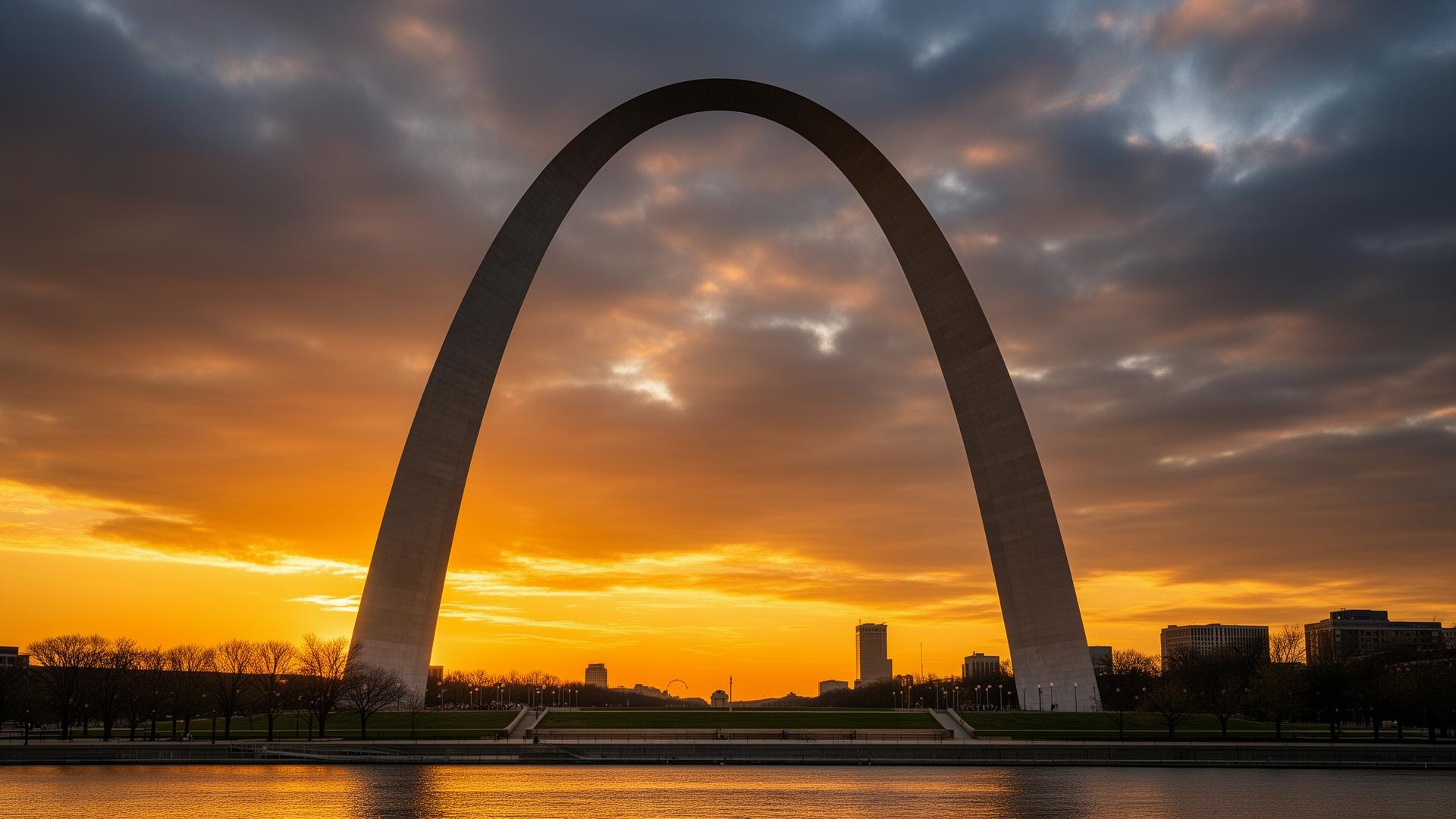 The Gateway Arch in St. Louis, Missouri at sunset